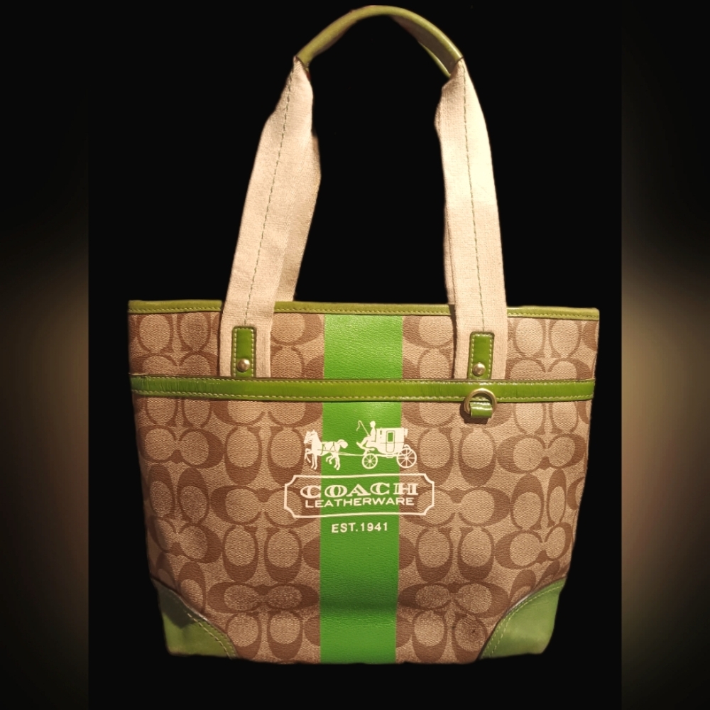 Coach Green and Brown Tote Bag. It Has Slight Color Fade On Bottom But Not Bad.